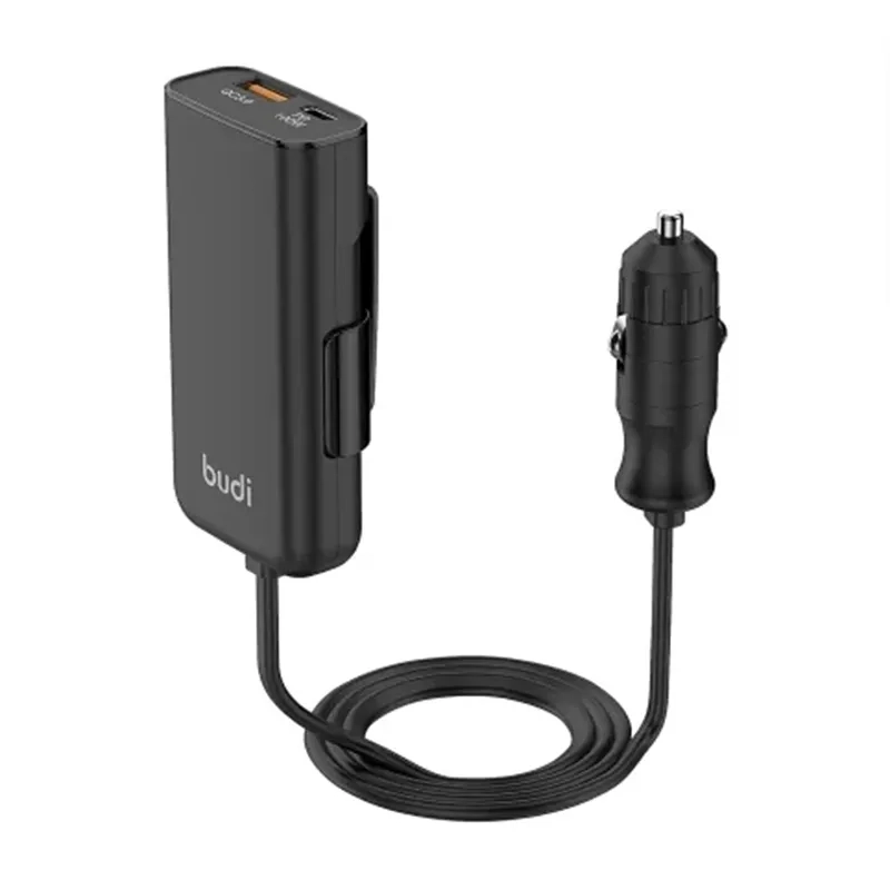 شارژر فندکی 105 وات بودی مدل Budi CC069B با یک خروجی USB و یک خروجی USB-C - مشکی