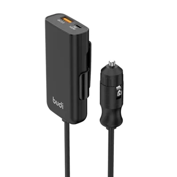 شارژر فندکی 105 وات بودی مدل Budi CC069B با یک خروجی USB و یک خروجی USB-C - مشکی