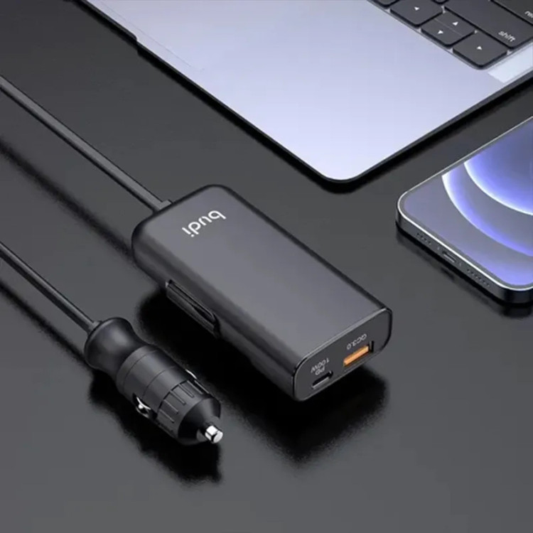 شارژر فندکی 105 وات بودی مدل Budi CC069B با یک خروجی USB و یک خروجی USB-C - مشکی