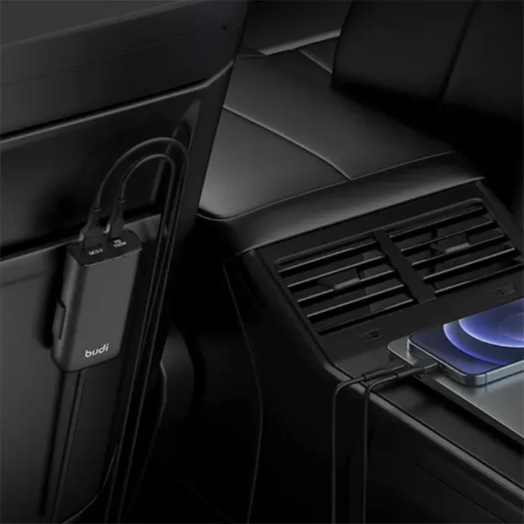 شارژر فندکی 105 وات بودی مدل Budi CC069B با یک خروجی USB و یک خروجی USB-C - مشکی