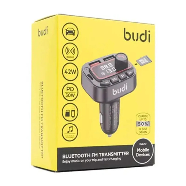شارژر فندکی 42 وات بودی مدل Budi CCT19B با یک خروجی USB-C و 2 خروجی USB برای شارژ و پخش موسیقی دارای فرستنده FM بلوتوثی و پشتیبانی از کارت حافظه - مشکی