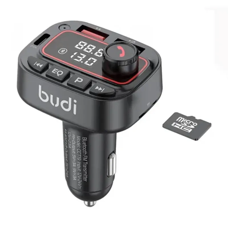 شارژر فندکی 42 وات بودی مدل Budi CCT19B با یک خروجی USB-C و 2 خروجی USB برای شارژ و پخش موسیقی دارای فرستنده FM بلوتوثی و پشتیبانی از کارت حافظه - مشکی