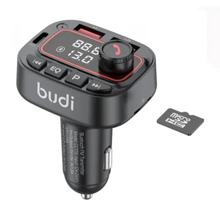 شارژر فندکی 42 وات بودی مدل Budi CCT19B با یک خروجی USB-C و 2 خروجی USB برای شارژ و پخش موسیقی دارای فرستنده FM بلوتوثی و پشتیبانی از کارت حافظه - مشکی