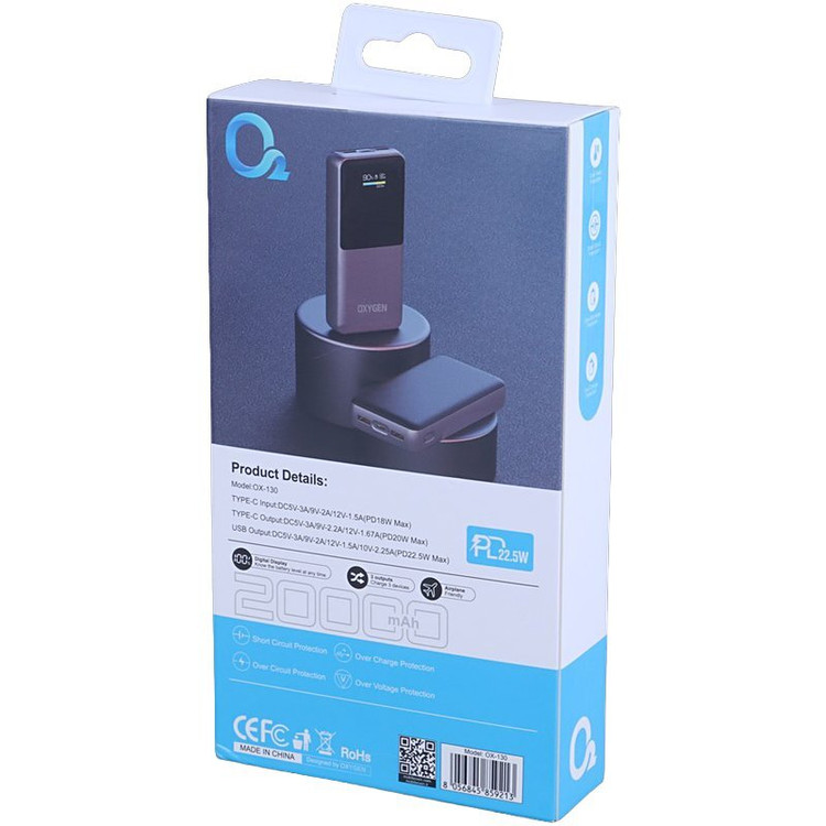 پاور بانک اکسیژن OXYGEN مدل OX-130 ظرفیت 20000 میلیآمپر ساعت