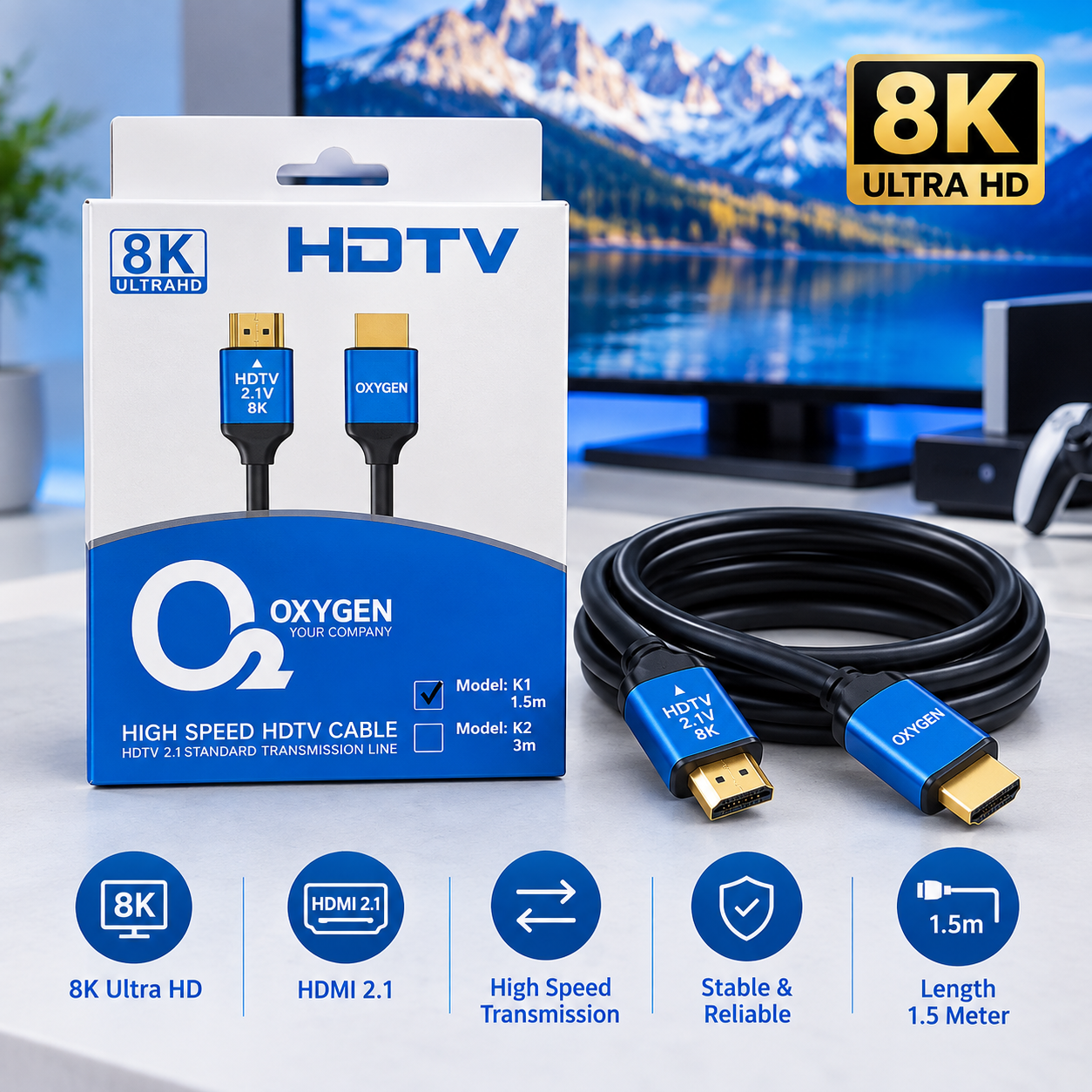 کابل HDMI 2.1 HDTV 8K — مدل K1، طول ۱.۵ متر
