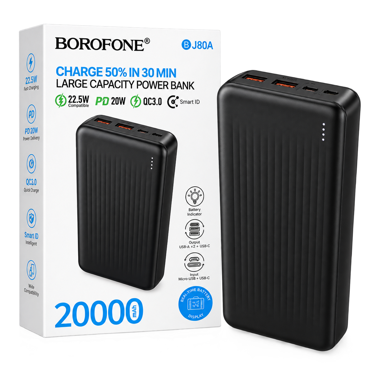 پاوربانک ۲۰۰۰۰ میلی‌آمپر BOROFONE BJ80A با توان ۲۲.۵ وات
