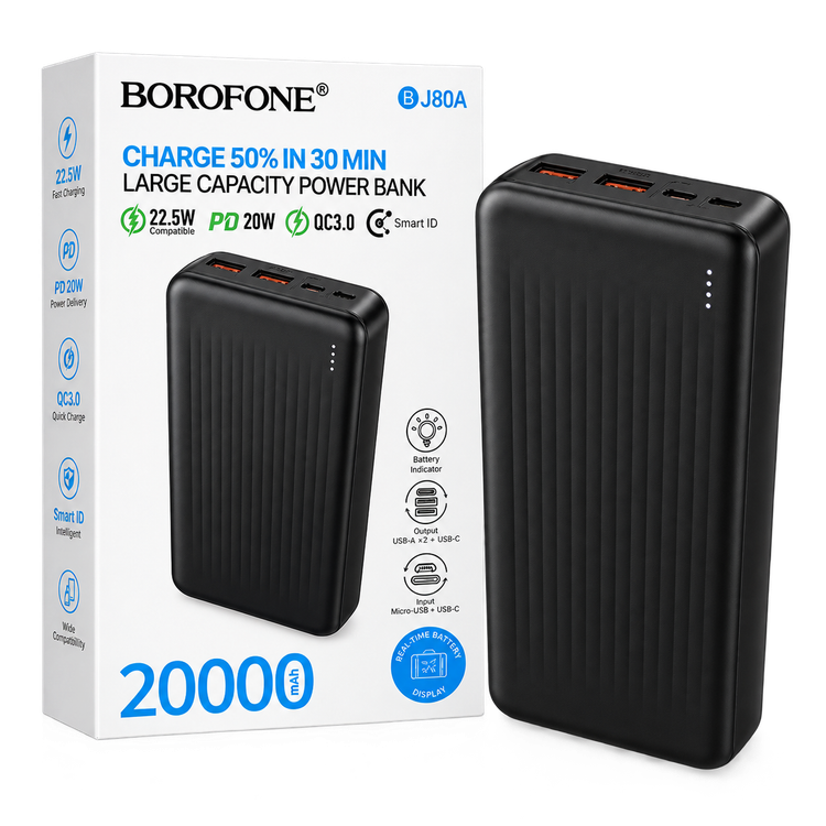 پاوربانک ۲۰۰۰۰ میلیآمپر BOROFONE BJ80A با توان ۲۲.۵ وات