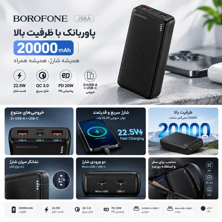 پاوربانک ۲۰۰۰۰ میلیآمپر BOROFONE BJ56A فست شارژ ۲۲.۵ وات