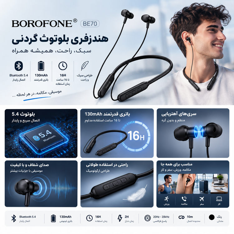 هندزفری بلوتوث گردنی BOROFONE BE70 | باتری 130mAh | بلوتوث 5.4